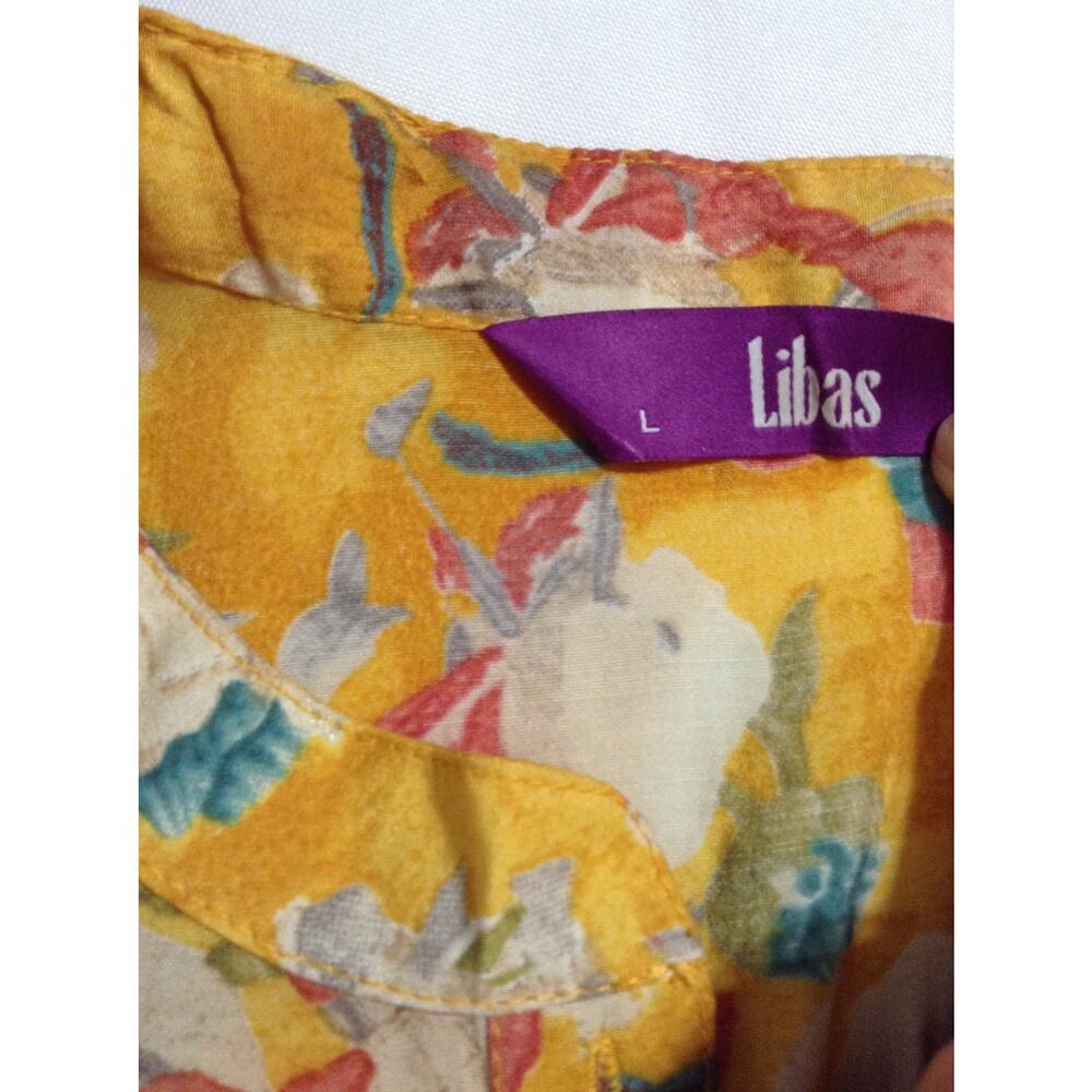 Libas Yellow Floral Tunic Top L Cotton Blend Kurti Kurta 3/4 Sleeve Indian Boho - Picture 6 of 8